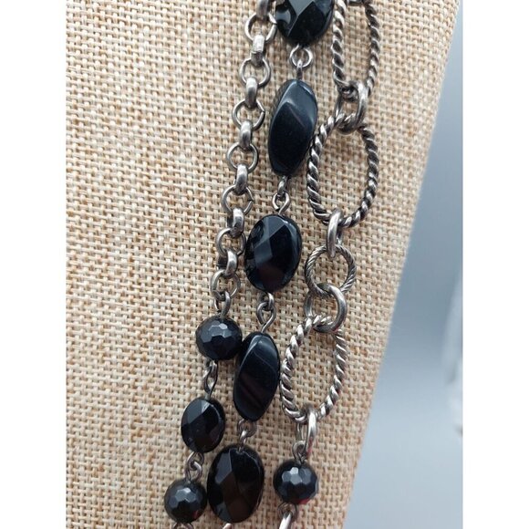 Silver Tone & Black Bead Twisted Multi Chain Statement Necklace Layer Adjustable - Picture 6 of 10